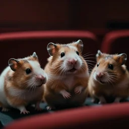 hamsters in a cinema, movie still, cinematic, sharp focus, cinematic grain, cinematic lighting, 8 k
