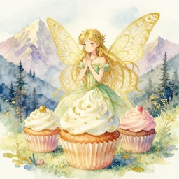 faerie spirit of cupcakes, lost in the mountains. this watercolor and gold leaf work by the award - winning mangaka has a beautiful composition and intricate details.