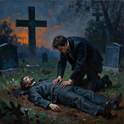 one man in a cemetery, with a cross behind him, digging up a dead body, by nicola samori, painting, 8 k, high detail, blue, orange, and dark green tones, high quality, sad feeling, high detail, dark colors, sinister atmosphere, dramatic lighting, cinematic, establishing shot, extremely high detail, photo realistic, cinematic lighting