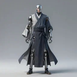 full body portrait of a male cyborg daoshi wearing a daopao by wlop, wuxia, xianxia, daoshi, taoist priest, taoist master, metallic skin, cyborg, daopao, taoist robe, noragi, realistic, anatomically accurate, fantasy illustration, artstation, wlop, hi - res, 4 k.