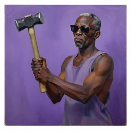 old black man, swinging sledge hammer, shades of purple, aaron douglas oil painting,