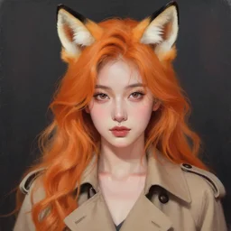 portrait painting by shigenori soejima, beautiful girl, fox ears, focus on face, pretty, cinematic lighting, painterly, long wavy orange hair, light brown trenchcoat