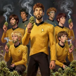 an epic fantasy comic book style portrait painting of a star trek crew smoking ganja, weed, marihuana, stoned, studio ghibli, unreal 5, daz, hyperrealistic, octane render, cosplay, rpg portrait, dynamic lighting, intricate detail, harvest fall vibrancy, cinematic