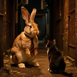 rabbit wearing a tie is talking to a cat in a dark alley, warm color palette, night time, dramatic lighting, noir film, fine details, high contrast, blacksad, kim jung gi, greg rutkowski, trending on artstation, 8 k, front view, back view, ultra wide angle