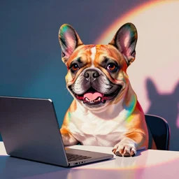 rainbow excited smiling french bulldog using a computer. pop art.