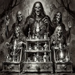 b & w inks of 1 1 horrifying chromed machines in tiers, medical, by wayne d barlowe, boris vallejo, geof darrow, stefano tamburini, torch light, muted colors, epic, hyper detailed, awe inspiring, award winning horror, hyper realism, cinematic