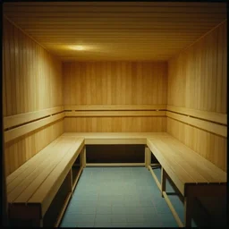 60s movie still of an empty sauna corridor fade yellow light and light blue tiles floor, cinestill 800t 50mm eastmancolor, liminal Space style, heavy grain