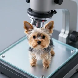 microscopic photo of a tiny yorkie dog under a microscope slide