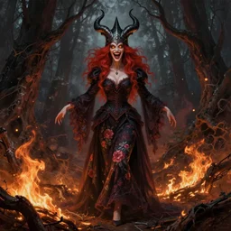 full body shot, malevolent witch with glowing eyes facing front laughing maniacally, red hair, crow helmet, floral dress, dead forest on fire, fantasy, intricate, photorealistic, elegant, stylish, highly detailed, digital painting, artstation, concept art, smooth, sharp focus, illustration, art by artgerm and greg rutkowski and terese nielsen
