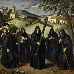 A colour painting of a Holy Week procession of grim reapers in a lush Spanish landscape at night. A hooded figure at the front holds a cross. El Greco, Carl Gustav Carus, Edward Hopper.