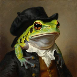 a head and shoulders portrait painting of an anthropomorphic!!!!!!!!!! amazon milk frog!!!!!!!!!! wearing a colonial outfit without a hat looking off camera, a character portrait, neoclassicism, oil on canvas, visible horizontal brushstrokes
