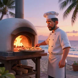 a pizza chef serving pizza from a wood fired pizza oven on a tropical beach, sunset, ultra realistic refractions, extremely detailed 3 d render, octane render, octane, ray tracing, evening sky, 4 k, pixar