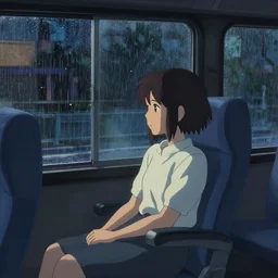 Girl sitting in a window seat in a bus at night, raining, cinematic lighting, style by Makoto Shinkai