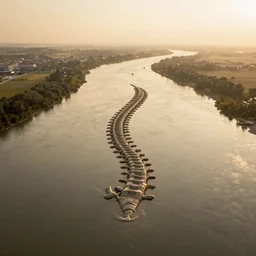 wide!! landscape photo of river that follows the distinct shape of a human spine, drone photo, golden hour, lush green vegetation