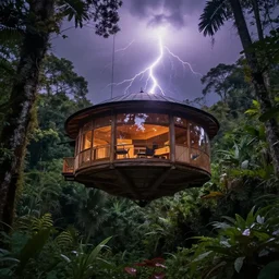 discoball house suspended mir air cinematic lightning dramatic in the middle of a forest in costa rica