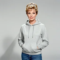 lucille ball, gray hoodie, jeans, tiara, half body shot, path traced, highly detailed, high quality, digital painting, alena aenami, leonid afremov, lilia alvarado, shinji aramaki, karol bak, alphonse mucha, tom bagshaw