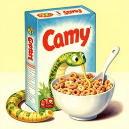a 1 9 5 0 s stylized advertisement for a snake themed cereal product, art, circa 1 9 5 0 s