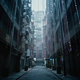 thin streamers of multi-colored glitter floated in the narrow streets of a cyberpunk city