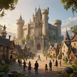 gathering at the gallows at the courtyard of a robust fantasy castle, calming, uplifting mood, ultra realistic, factory, funny, small buildings, highly detailed, epic lighting, illuminated, cinematic, morning, art by eddie mendoza