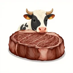 a cow enjoying a filet mignon steak