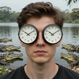 man's face with clocks covering his eyes, looking at the camera walking near lake with crocodiles, high detail, soft lighting, intricate, 8 k