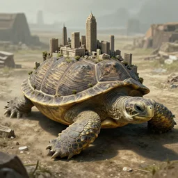 huge ancient turtle with an abandoned city built on its shield, greg rutkowski, 8 k, shallow depth of field, intricate detail, concept art,