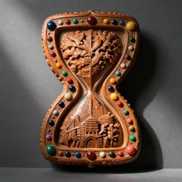 an hourglass shaped walnut board with heavily carved ruts and multicolered beads fastened to it, vintage, antique