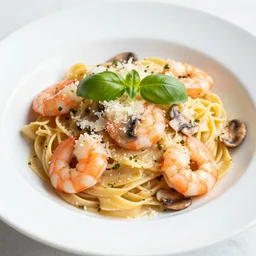 a photo of shrimp tagliatella with parmigiano reggiano mushrooms basil and coriader, digital photography, hd, sharp,