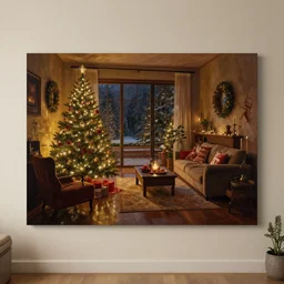 a christmas eve photorealistic painting on the wall, ascher clemens, home, interior, octane render, deviantart, greg rutkowski, cinematic, key art, hyperrealism, canon eos c 3 0 0, ƒ 1. 8, 3 5 mm, 8 k, medium - format print