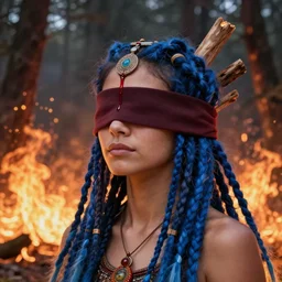 A young blindfolded shaman woman with a decorated headband from which blood flows, in the style of heilung, blue hair dreadlocks and wood on her head. The background is a forest on fire, made by karol bak and james gurney
