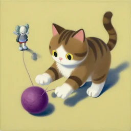 isometric of a cat playing with wool ball by shusei nagaoka kaws, david rudnick, airbrush on canvas, pastell colors, cell shaded