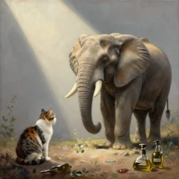 Cats and elephants oil on canvas, by Corneille,
