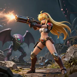a fantastically attractive samus aran shooting a metroid with her blaster