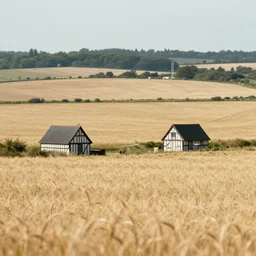 artwork of the cinematic view of normandy with a couple of two scattered small half - timbered houses in vast wheat fields by alvar aalto landscape view, depth of field, trending on artstation, background, nature