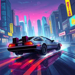 a race car driver driving a delorean through a retrowave city, high quality, detailed, a beautiful retrowave digital artwork, trending on artstation,