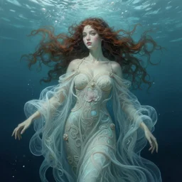 hyperdetailed underwater portrait of a water spirit in a robe. by greg rutkowski, highly detailed, digital painting, artstation, smooth, sharp focus illustration, artstation hq. intricate, elegant. art by wlop and artgerm and greg rutkowski, alphonse mucha, medium shot. dan mumford, tomokazu matsuyama, takato yamamoto