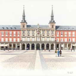 colored pencil drawing of la plaza mayor de madrid in 1 9 2 7