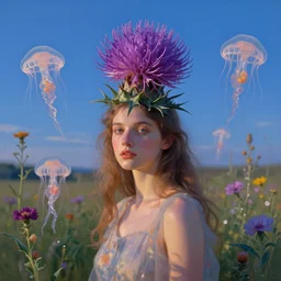 portrait, large thistle flower under head, a girl in a in field of flowers, translucent jellyfish flying around, surreal photography, sunrise, blue sky, dramatic light, impressionist painting, digital painting, artstation, simon stalenhag