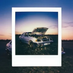 gipsy car broken down in the countryside, beautiful sky, polaroid, dramatic lighting