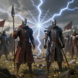 two medieval armies with a web made of lightning standing in the middle of the open battlefield, trending on artstation, cgsociety, 8 k, cinematic, unreal engine, octane render, illustration digital painting, sharp focus, art by wlop and greg rutkowski, rule of thirds, golden ratio, ambient lighting