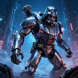 a macro closeup film still photo of the chrome darth vader cylon warror in a massive mass effect halo robot factory at night,blue haze, volume metric lighting, retracing, unreal, concept art cyperpunk video game poster design with intricate details :: action, gears of war, smoke, post apocalyptic, deathstar, Battlestar Galactica, neon lighting, lens flare, rich vibrant colors, High contrast, blizzard concept artist, acrion, Ralph McQuarrie, Roger Deakins, syd mead
