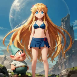 a giant macro very beautiful young yuuki asuna, full body, long wavy hair, sky blue eyes, full round face, bikini, miniskirt, standing next to a dwarf, cinematic wallpaper by stanley artgerm lau