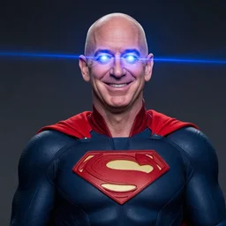 jeff bezos in superhero suit smiling laser from eyes