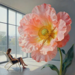 closeup, huge flower head, woman sitting on lounge chair by a modern window, surreal photography, studio light, impressionist painting, digital painting, artstation, simon stalenhag