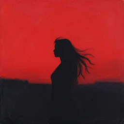 abstract drawing of a red night sky with a woman silhouette in foreground