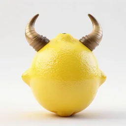 studio photo of a lemon with horns breathing fire