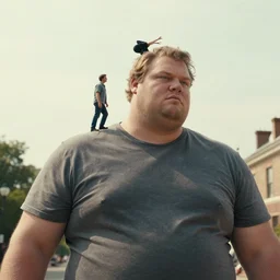 a little person rides on the shoulder's of a huge 7 ft tall 5 0 0 pound man. hyperreal - h 6 4 0