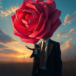 portrait, giant rose flower head, girl dancing in a suit, surreal photography, sunrise, blue sky, dramatic light, impressionist painting, digital painting, artstation, simon stalenhag