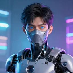 Male cyborg, battle-damaged, wearing facemask, youthful face, blue eyes, backlit by neon, headshot, sci-fi, wires, cables, lenses, gadgets, Digital art, detailed, anime, artist Katsuhiro Otomo