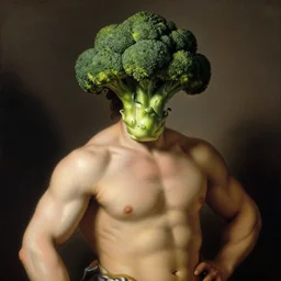 a bodybuilder with a broccoli head in Rococo art